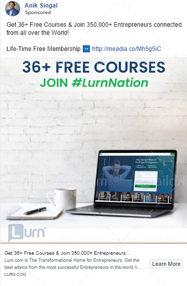 Lurn - Anik Singal - Free Trial Membership Funnel - FB Image Ad 2