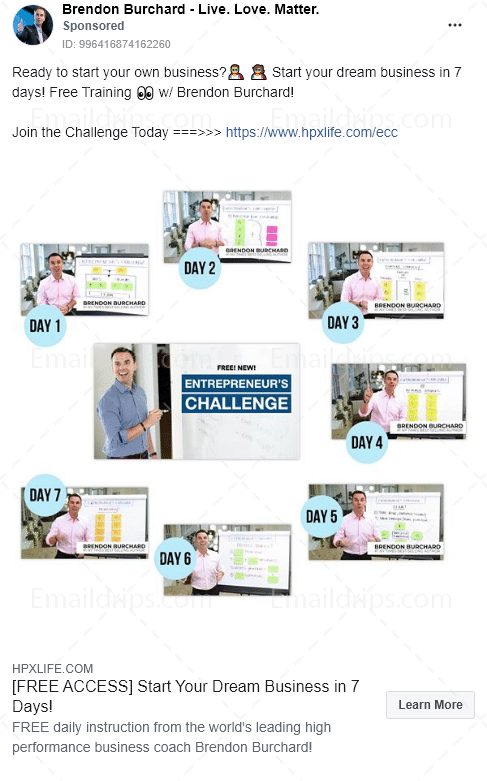 Brendon Burchard - Challenge - 7days entrepreneurs challenge - Facebook Ad