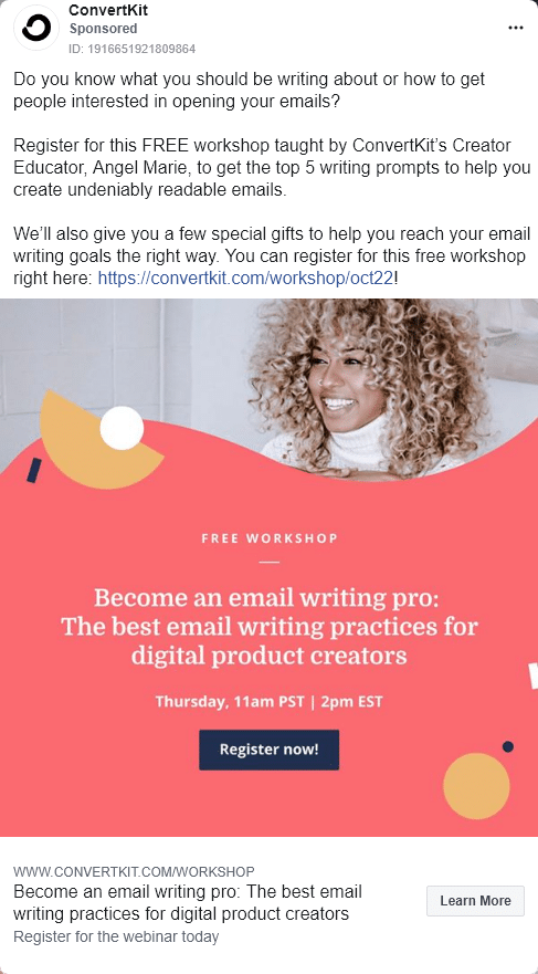 ConvertKit - free workshop - Facebook Ad