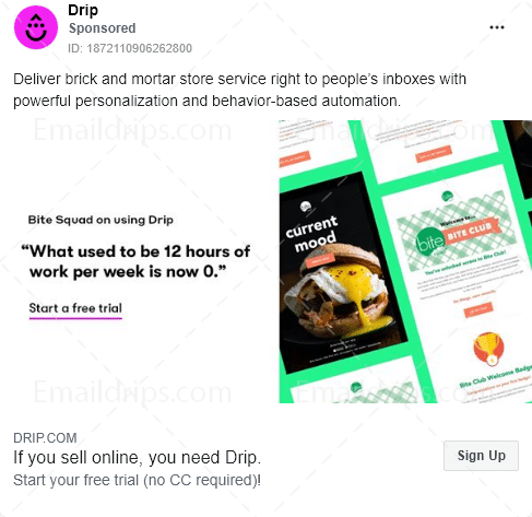 Drip - Free trial - Facebook Ad